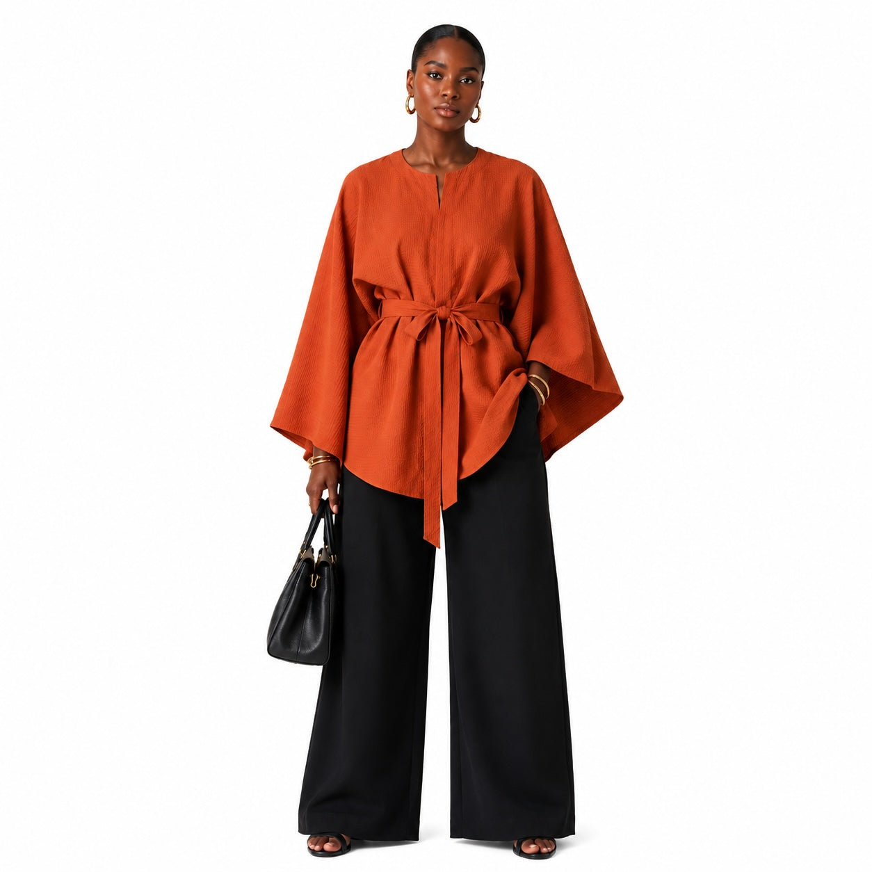 Women’s Reversible African Print Poncho Top – Brown Print & Burnt Orange