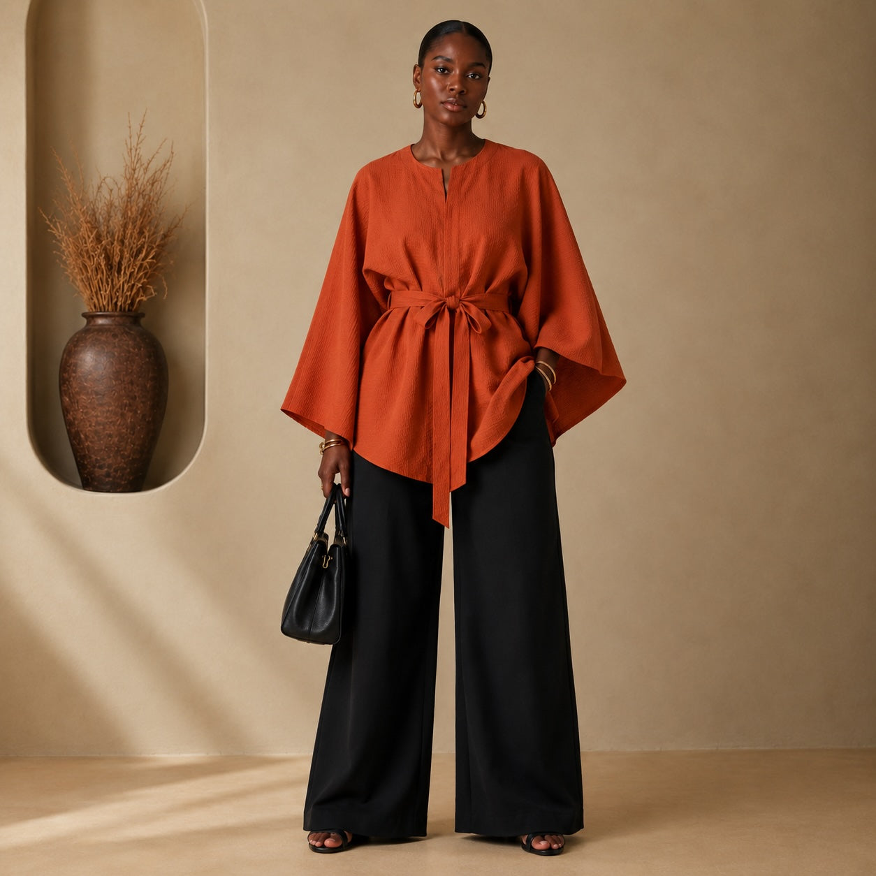 Women’s Reversible African Print Poncho Top – Brown Print & Burnt Orange