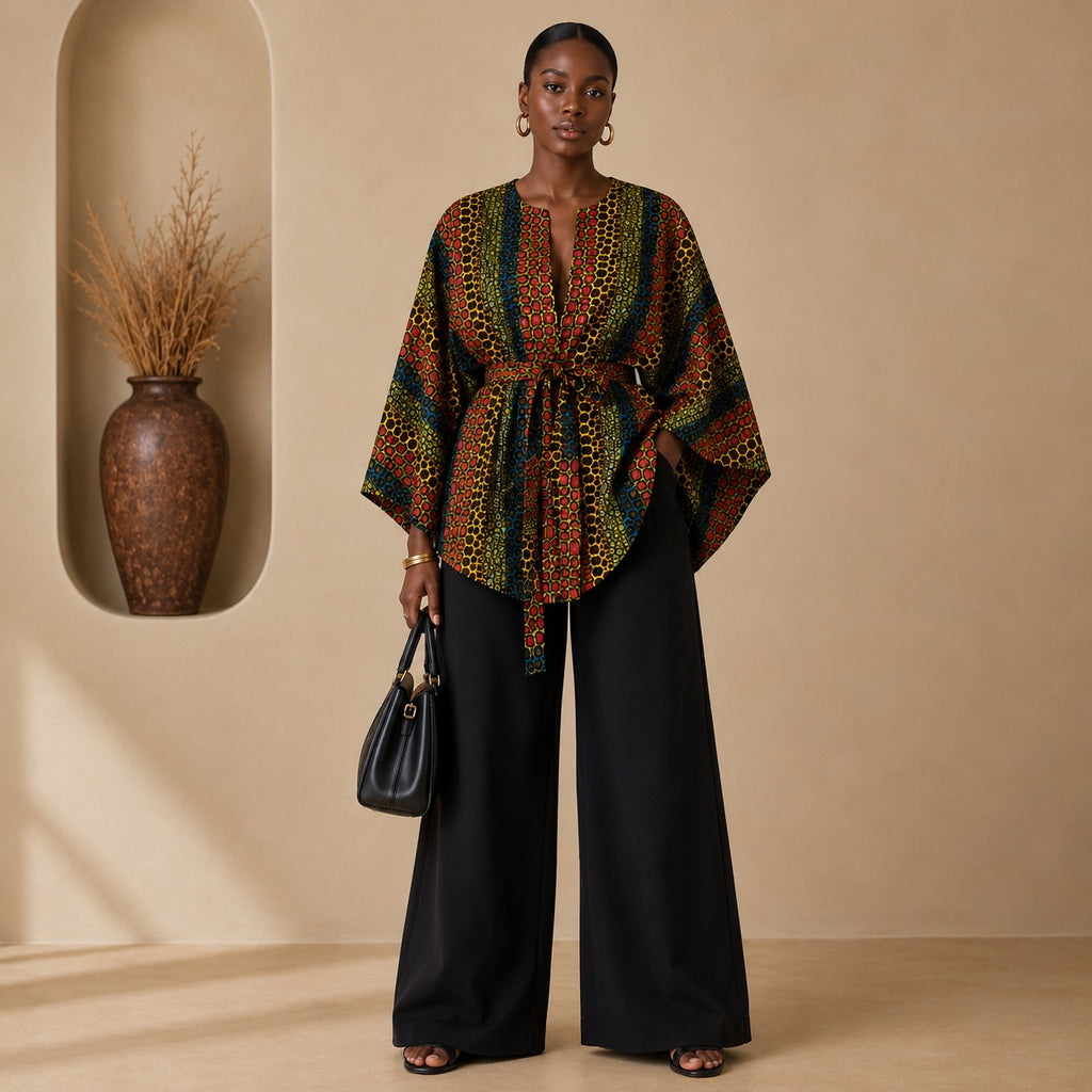 Women’s Reversible African Print Poncho Top – Multicolour Print & Burgundy