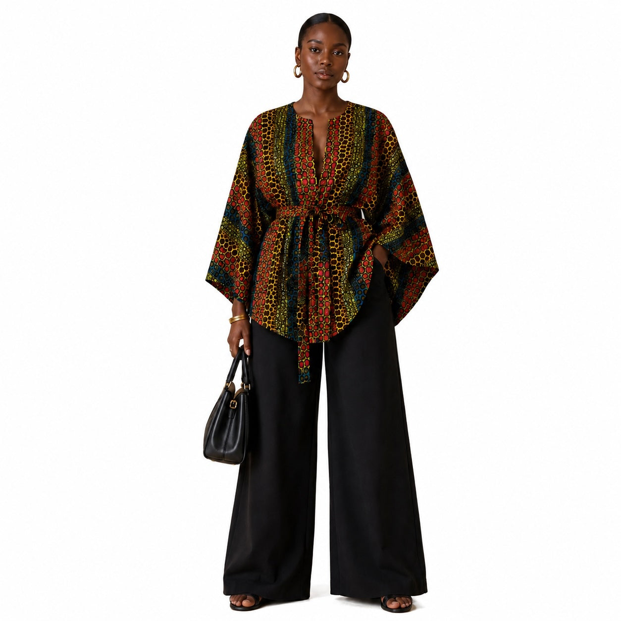 Women’s Reversible African Print Poncho Top – Multicolour Print & Burgundy