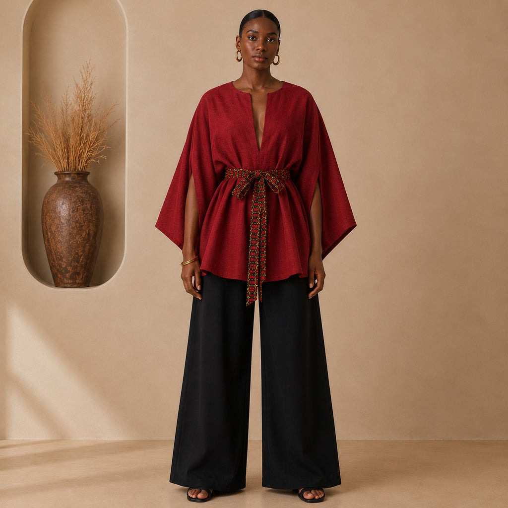 Women’s Reversible African Print Poncho Top – Multicolour Print & Burgundy