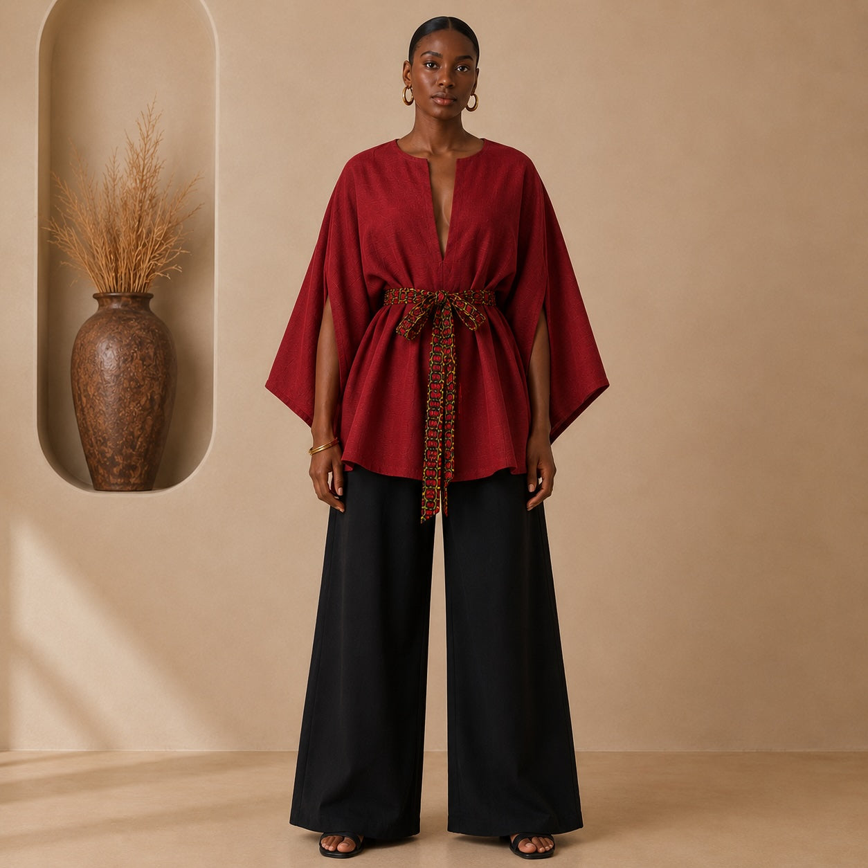 Women’s Reversible African Print Poncho Top – Multicolour Print & Burgundy