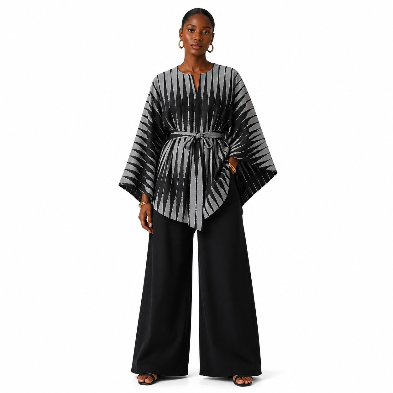 Women’s Reversible Poncho Top – Black & Grey Stripe