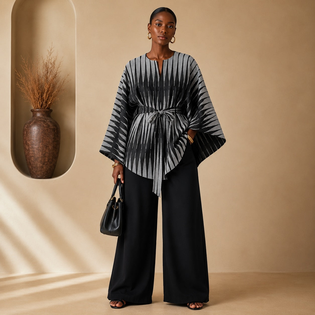 Women’s Reversible Poncho Top – Black & Grey Stripe