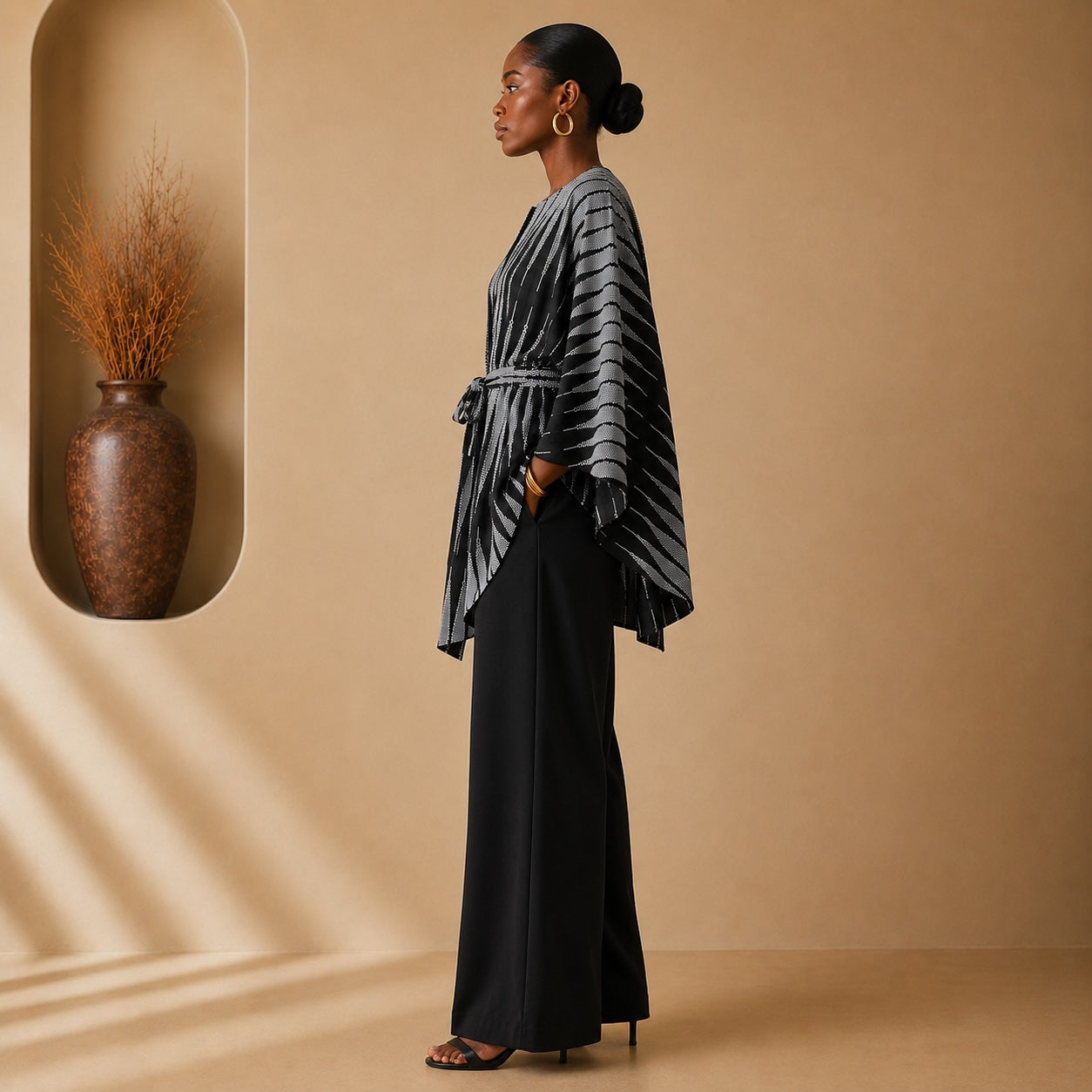 Women’s Reversible Poncho Top – Black & Grey Stripe