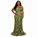 Women’s Olive Green Embroidered Evening Maxi Dress – Elegant Occasion Gown