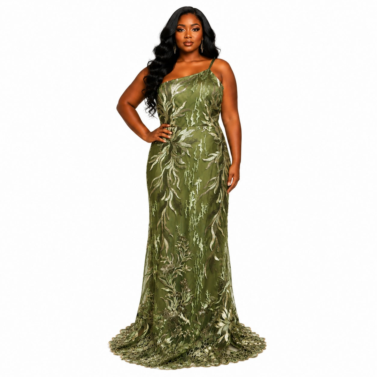 Women’s Olive Green Embroidered Evening Maxi Dress – Elegant Occasion Gown