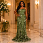 Women’s Olive Green Embroidered Evening Maxi Dress – Elegant Occasion Gown