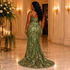 Women’s Olive Green Embroidered Evening Maxi Dress – Elegant Occasion Gown