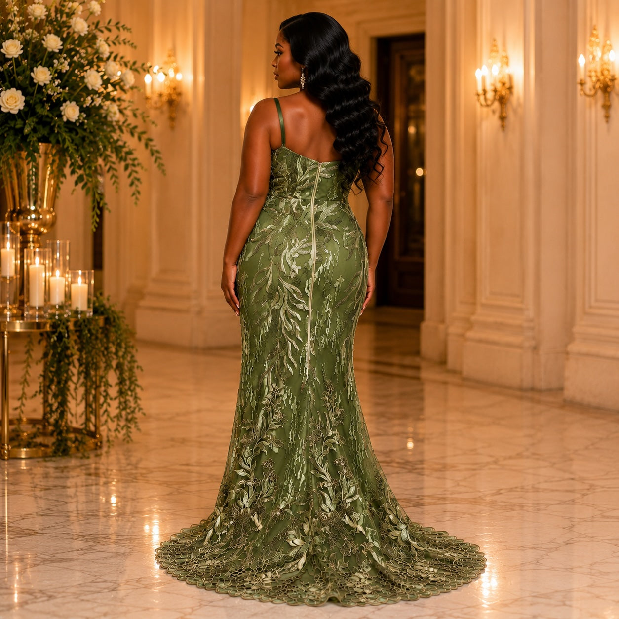 Women’s Olive Green Embroidered Evening Maxi Dress – Elegant Occasion Gown