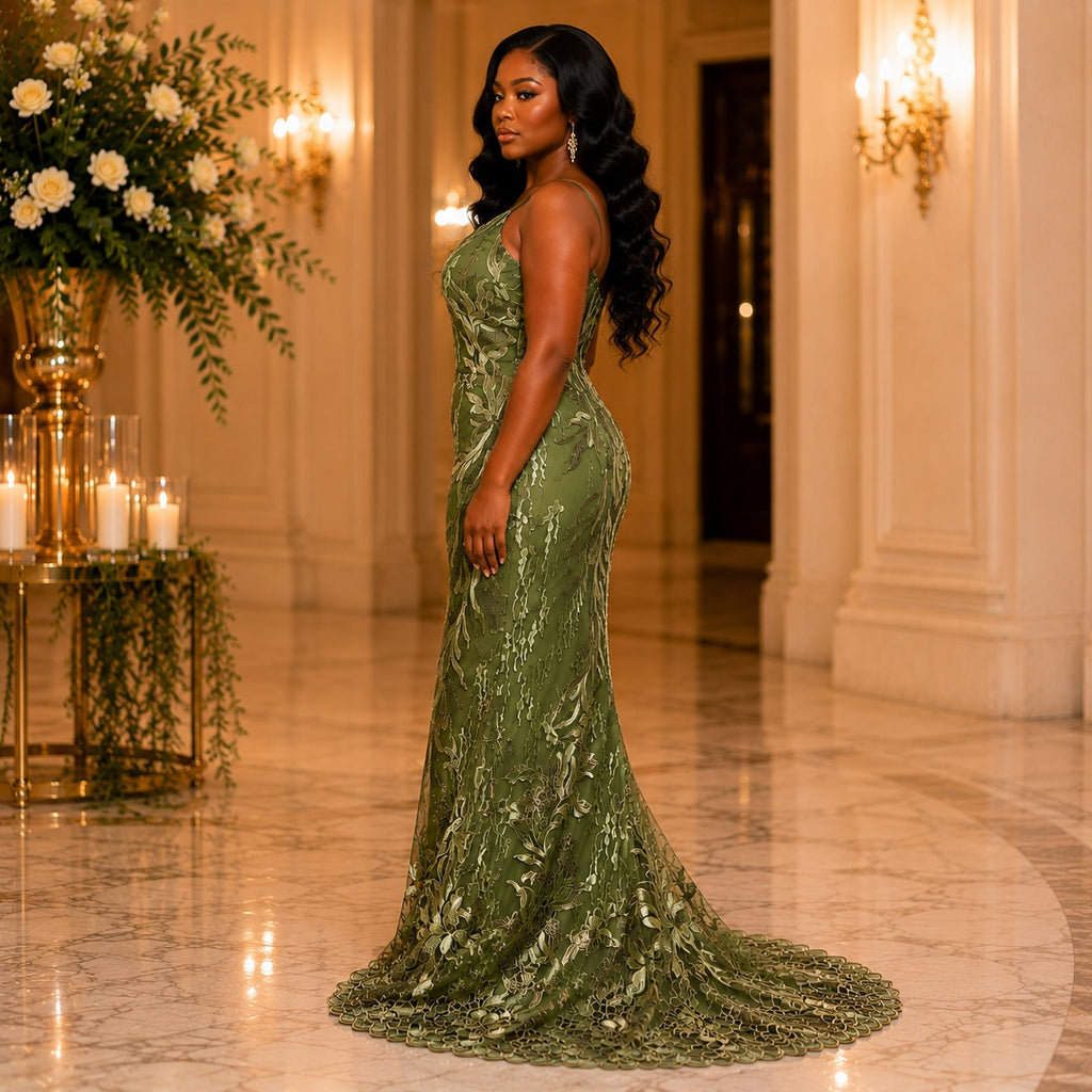 Women’s Olive Green Embroidered Evening Maxi Dress – Elegant Occasion Gown