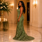 Women’s Olive Green Embroidered Evening Maxi Dress – Elegant Occasion Gown