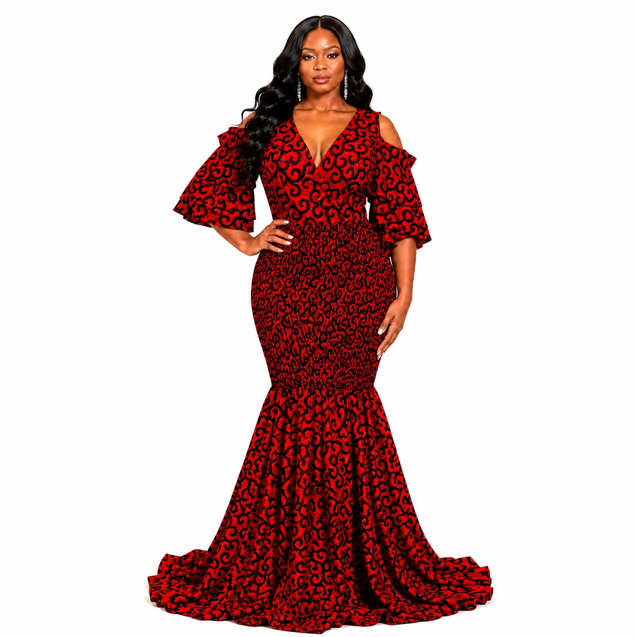 Women’s African Print Mermaid Evening Maxi Dress – Red & Black Statement Gown