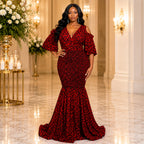 Women’s African Print Mermaid Evening Maxi Dress – Red & Black Statement Gown