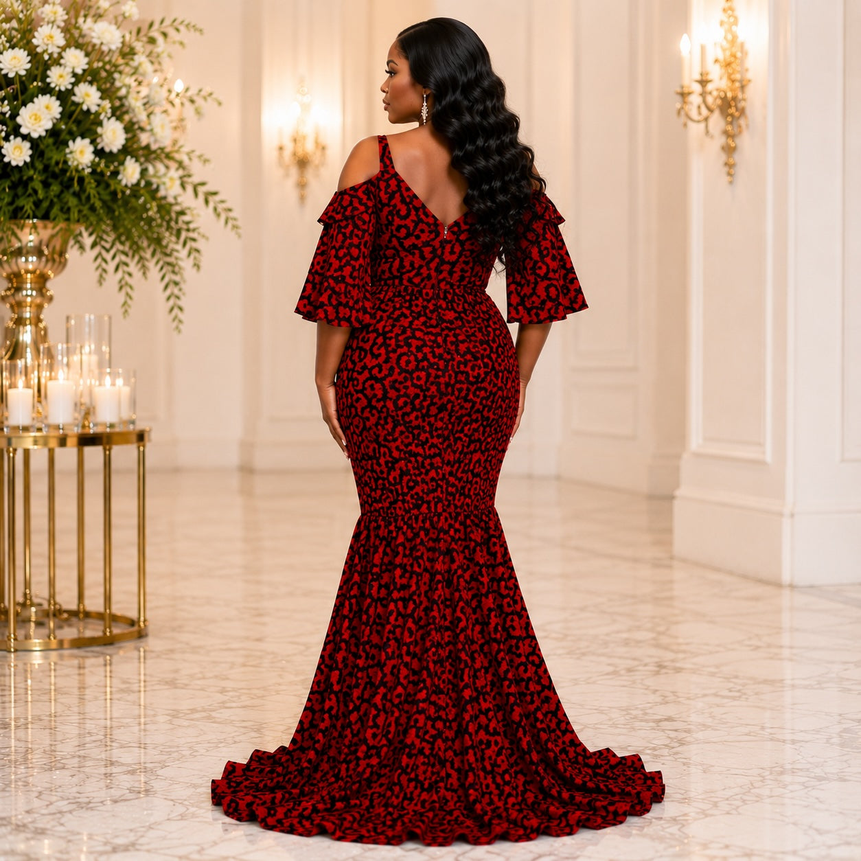 Women’s African Print Mermaid Evening Maxi Dress – Red & Black Statement Gown