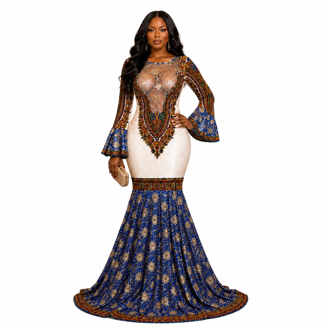 Women’s African Print Mermaid Evening Maxi Dress – Royal Blue & Gold Luxury Gown
