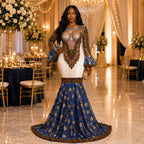 Women’s African Print Mermaid Evening Maxi Dress – Royal Blue & Gold Luxury Gown