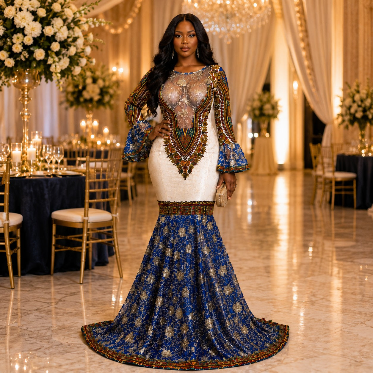 Women’s African Print Mermaid Evening Maxi Dress – Royal Blue & Gold Luxury Gown