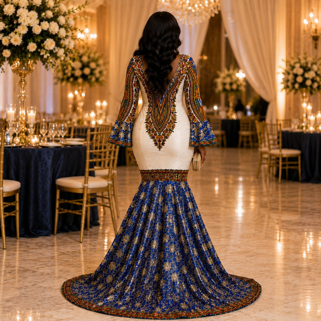 Women’s African Print Mermaid Evening Maxi Dress – Royal Blue & Gold Luxury Gown
