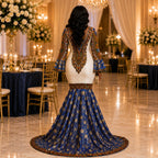 Women’s African Print Mermaid Evening Maxi Dress – Royal Blue & Gold Luxury Gown