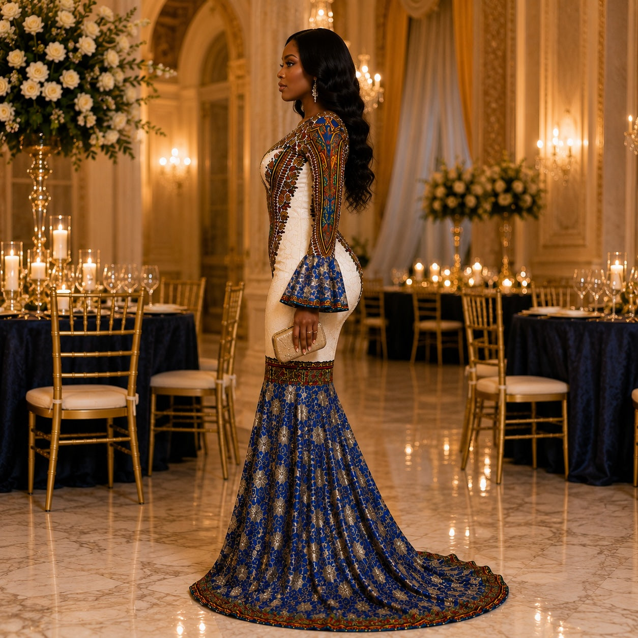 Women’s African Print Mermaid Evening Maxi Dress – Royal Blue & Gold Luxury Gown