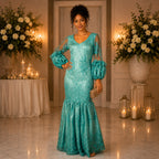 Women’s Teal Embroidered Mermaid Evening Maxi Dress – Elegant Occasion Gown