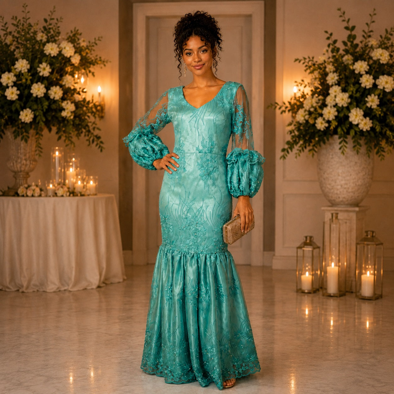 Women’s Teal Embroidered Mermaid Evening Maxi Dress – Elegant Occasion Gown