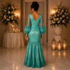 Women’s Teal Embroidered Mermaid Evening Maxi Dress – Elegant Occasion Gown