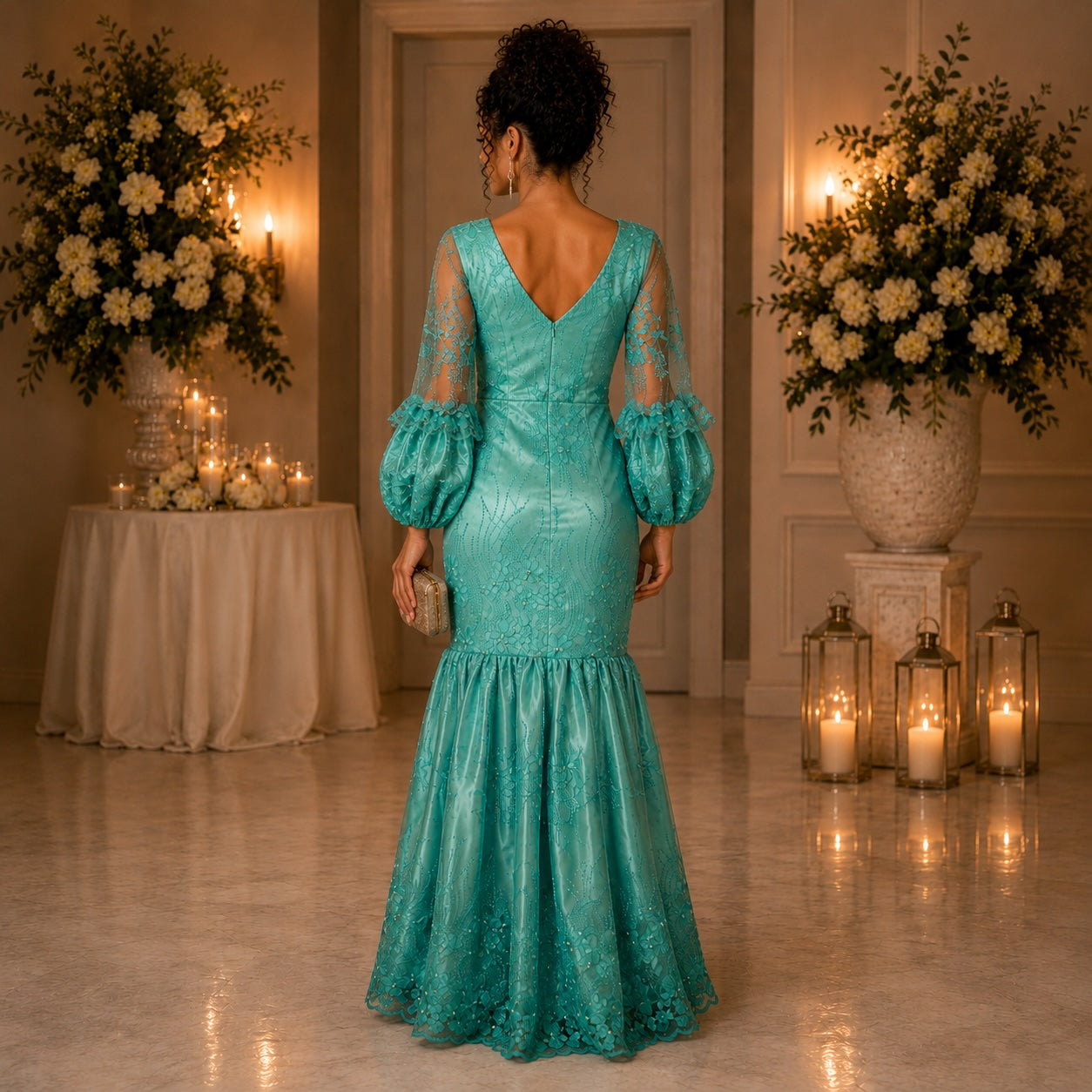 Women’s Teal Embroidered Mermaid Evening Maxi Dress – Elegant Occasion Gown