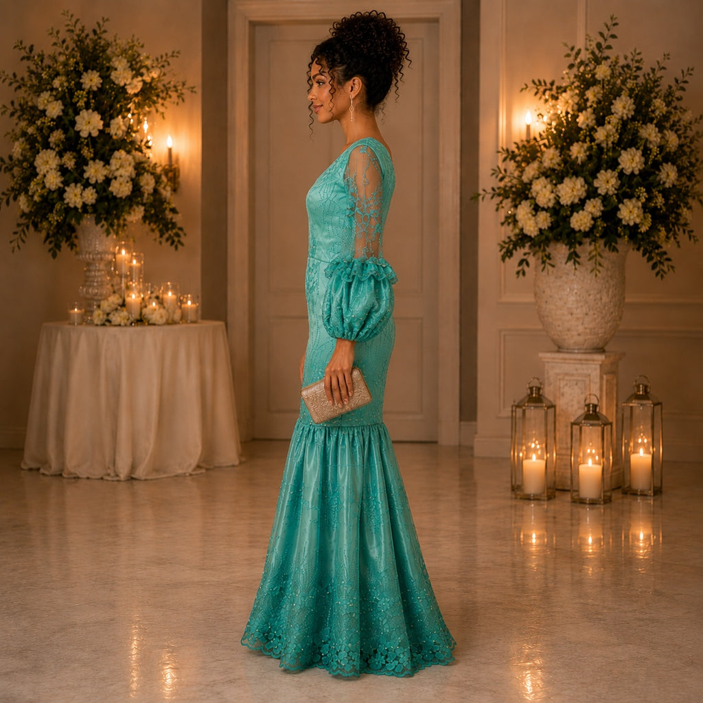 Women’s Teal Embroidered Mermaid Evening Maxi Dress – Elegant Occasion Gown