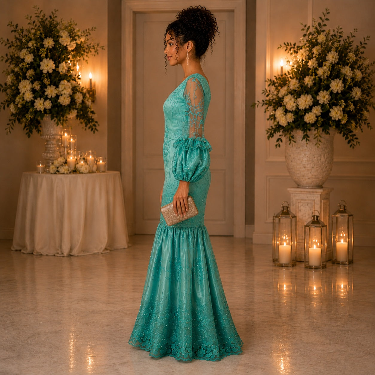 Women’s Teal Embroidered Mermaid Evening Maxi Dress – Elegant Occasion Gown
