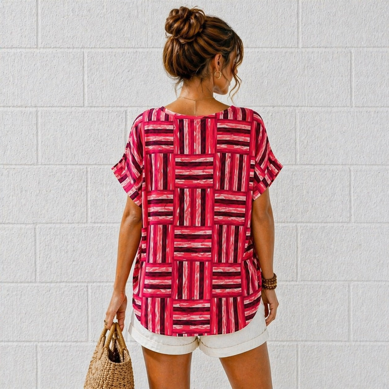 Women’s Geometric Stripe Print Cotton Top – Relaxed Summer Blouse