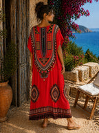 Women’s African Print Kaftan Maxi Dress, Free Size 10–16, Red Pink Blue