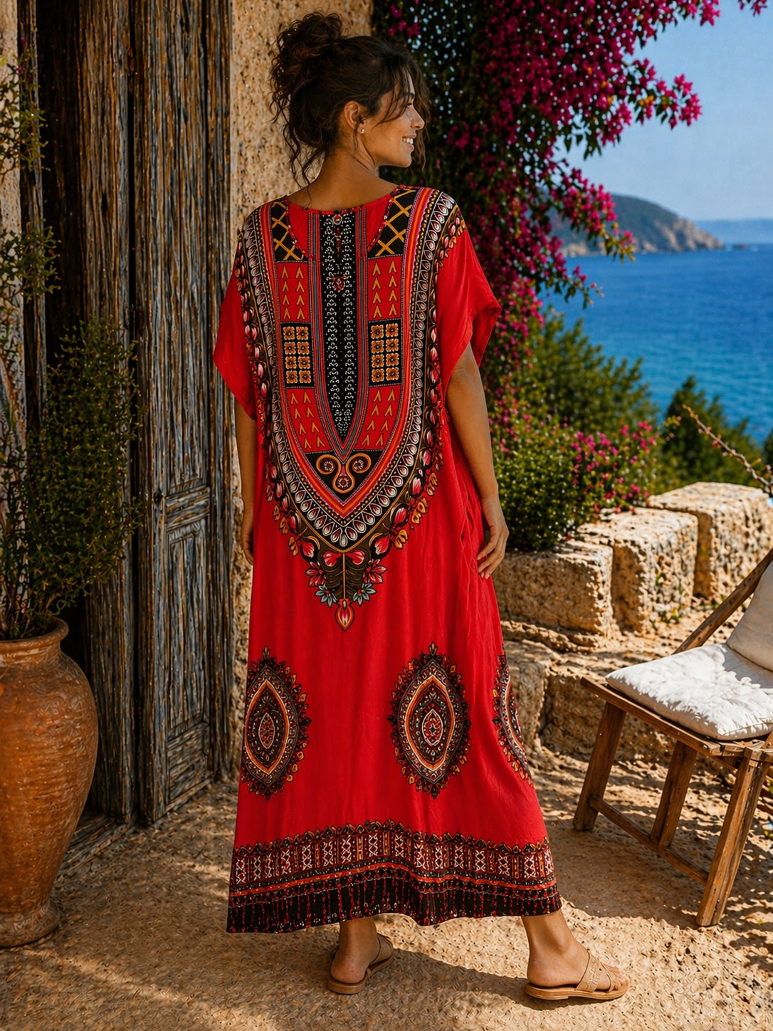 Women’s African Print Kaftan Maxi Dress, Free Size 10–16, Red Pink Blue
