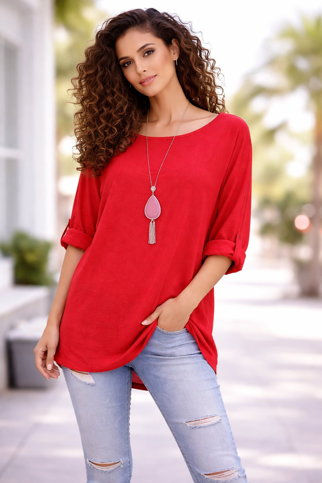 Women’s Cotton Necklace Top – Loose Fit Casual Tunic Blouse