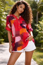Women’s Splash Print Grandad 3 Button Cotton Top