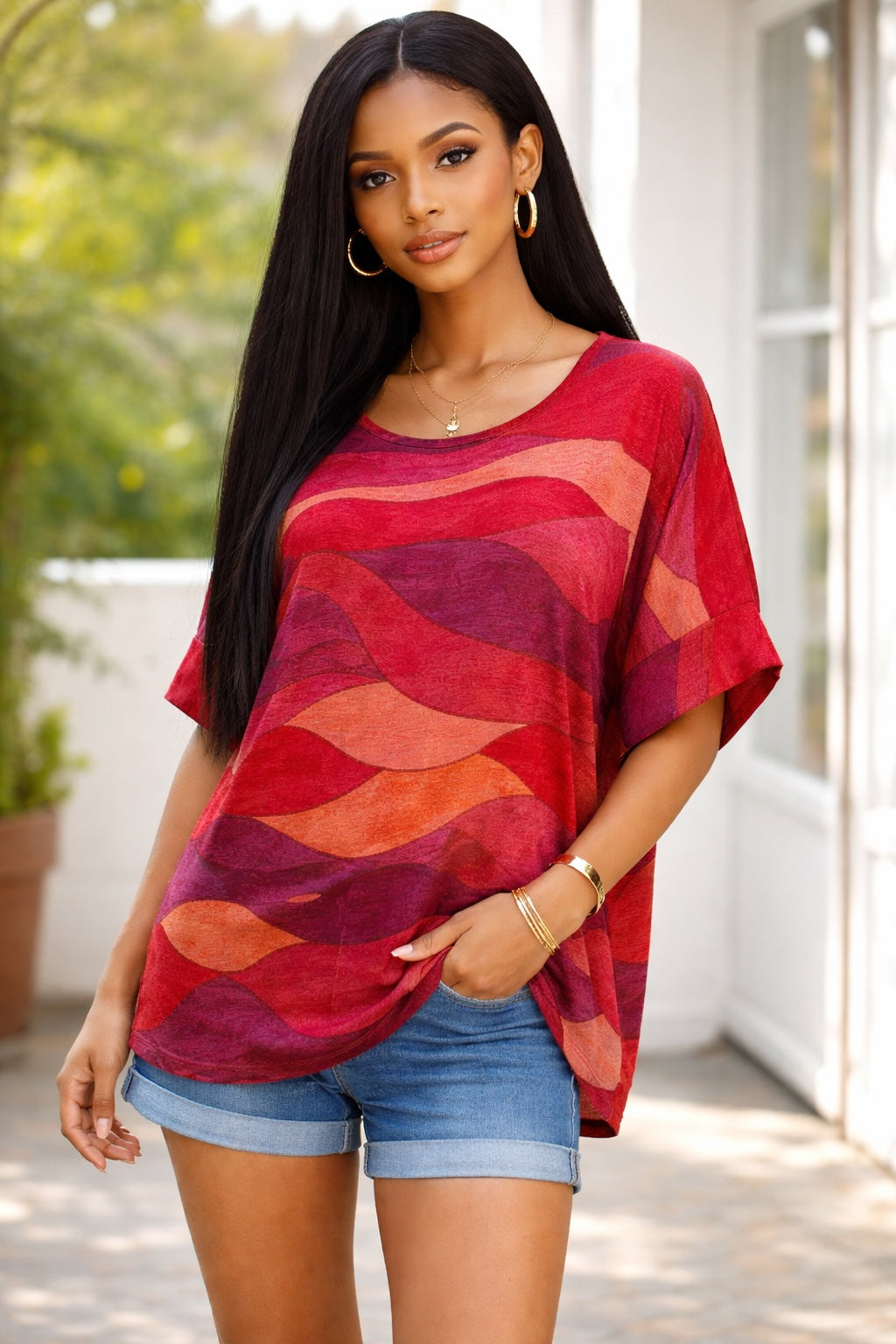 Women’s Abstract Wave Print Cotton Top