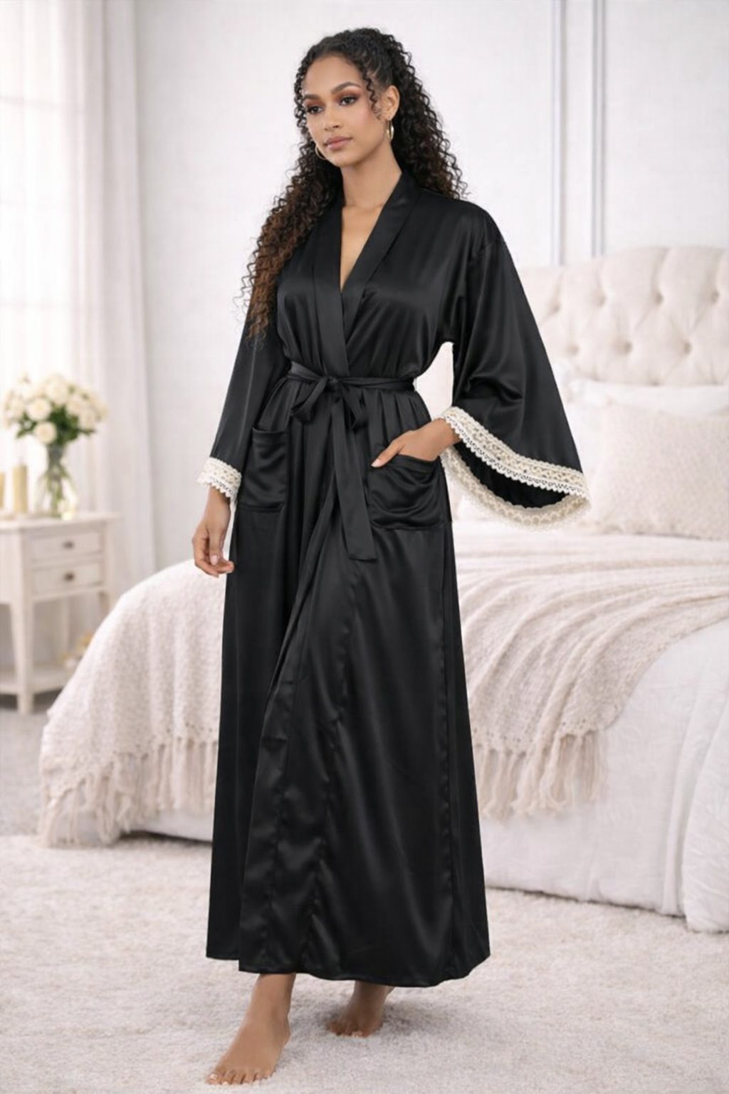 Black Satin Long Robe with Lace Trim