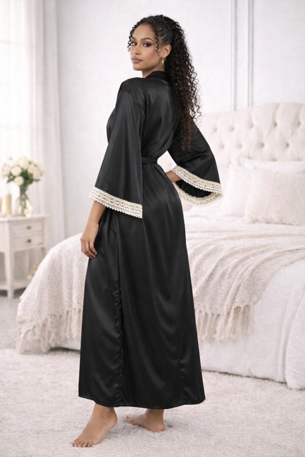 Black Satin Long Robe with Lace Trim