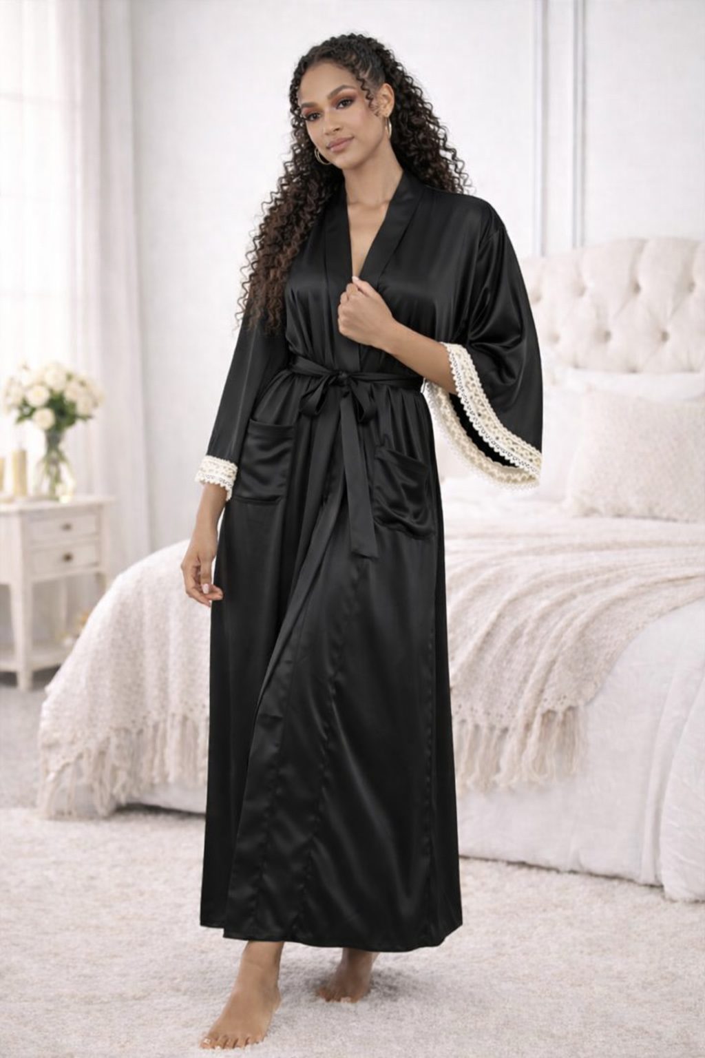 Black Satin Long Robe with Lace Trim