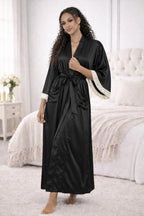 Black Satin Long Robe with Lace Trim