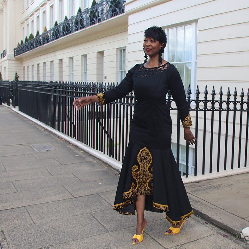 Hasina Black and Gold Embroidery Mermaid Dress