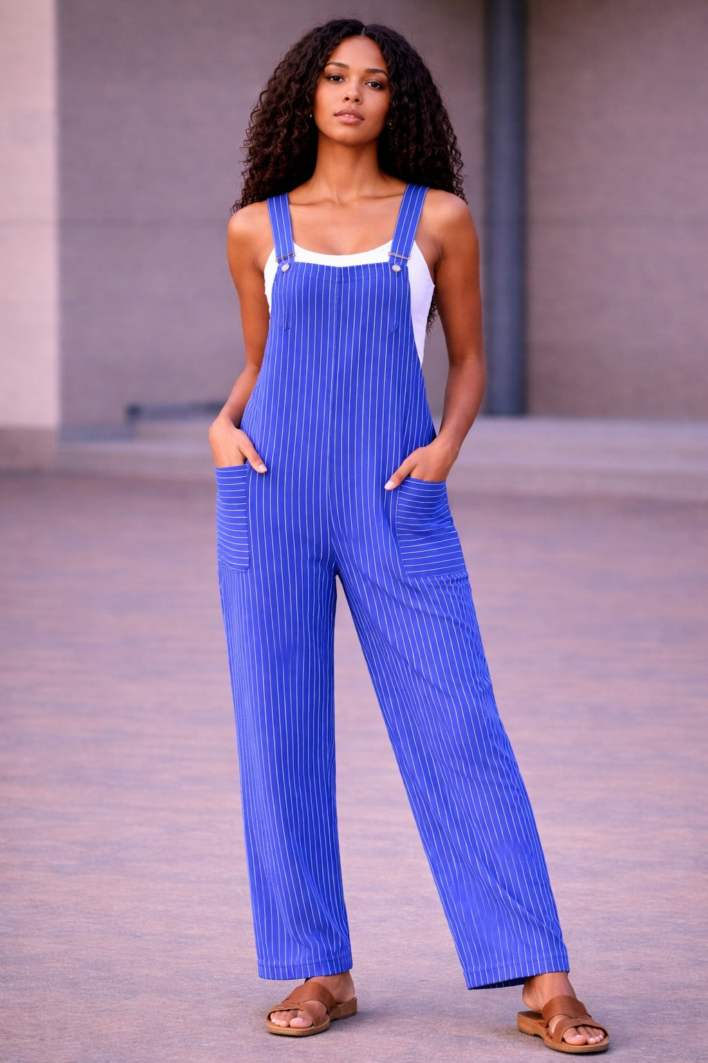 Women’s Stripy Cotton Dungarees Jumpsuit with Pockets