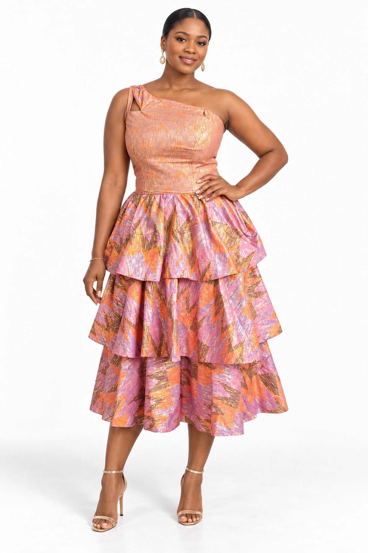 Rose Gold One-Shoulder Tiered Midi Dress – Elegant Occasion Dress