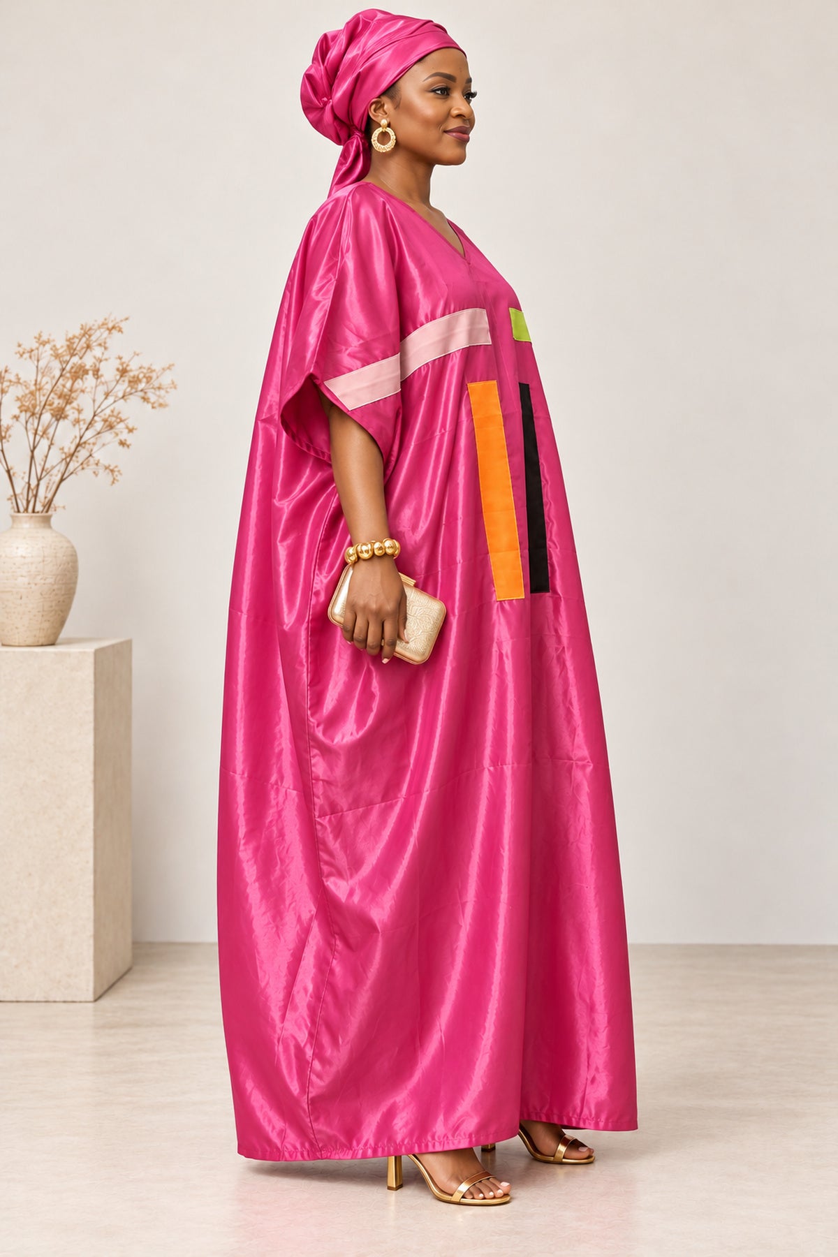 Adunni Fuchsia Pink Colour Block Satin-Style Kaftan Maxi Dress – African Boubou
