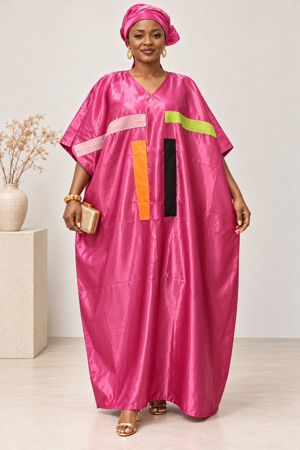 Adunni Fuchsia Pink Colour Block Satin-Style Kaftan Maxi Dress – African Boubou