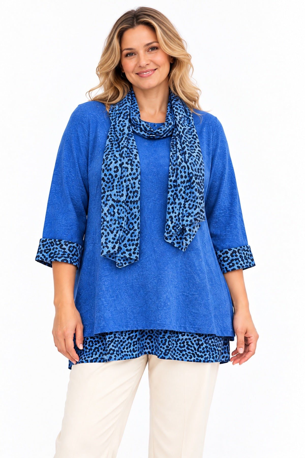 Women's Leopard Print Trim Tunic Top with Matching Scarf – Relaxed Fit – 11 Colours