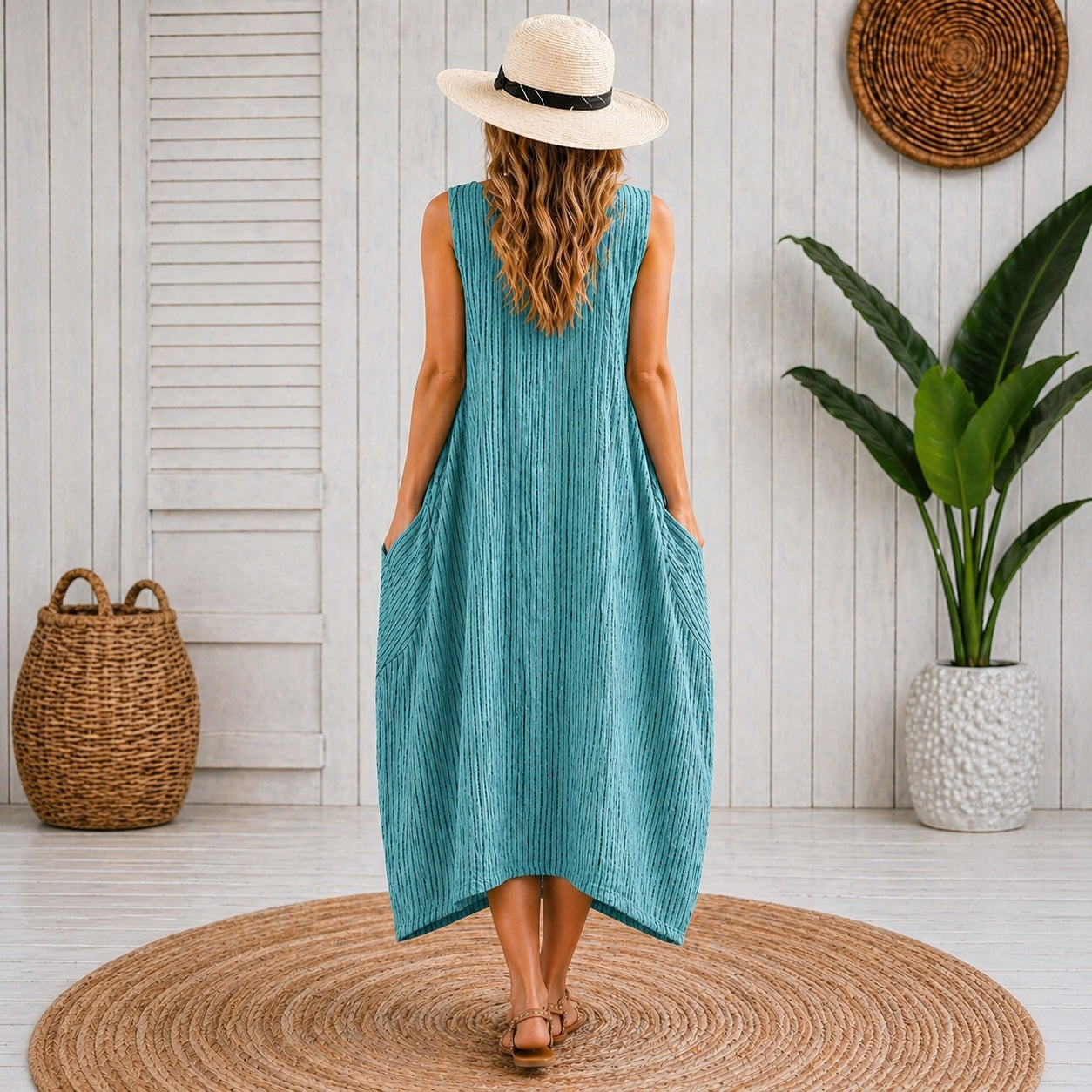 Women’s Stripy Cotton Sleeveless Dress – One Size Up to UK 18
