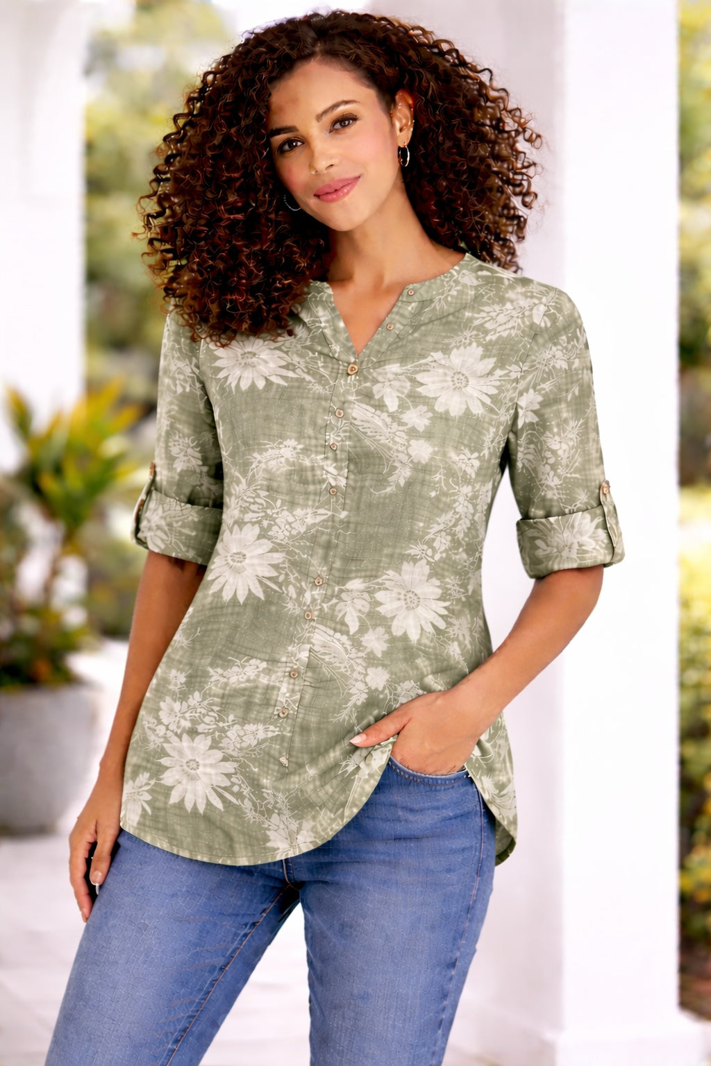 Women’s Floral One Button Cotton Shirt Blouse