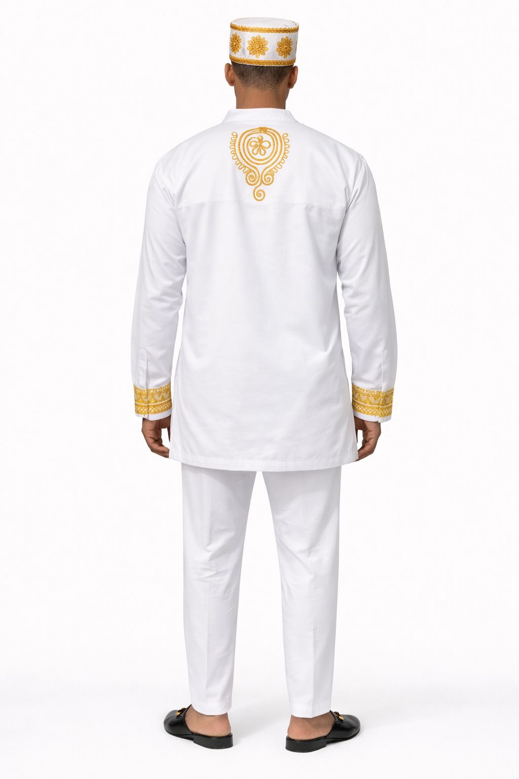 Men’s White & Gold Embroidered Traditional Top and Trouser Set